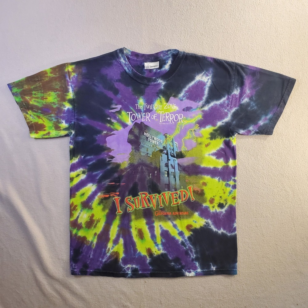 Disneyland Tower of Terror I Survived Tie Dye Shirt Mens Medium Purple Green Tee